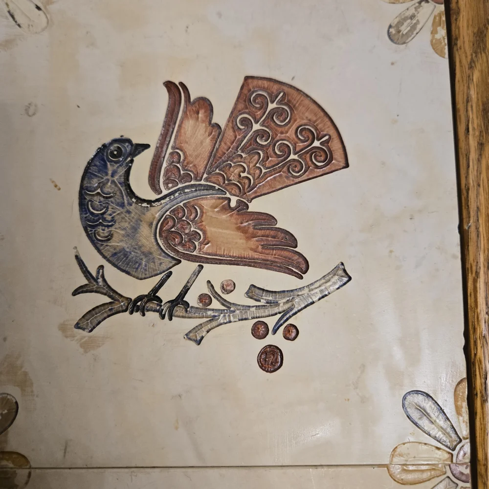 Antique Victorian Bird Partridge Pheasant Delft Style Tile Wall Art Wood Frame